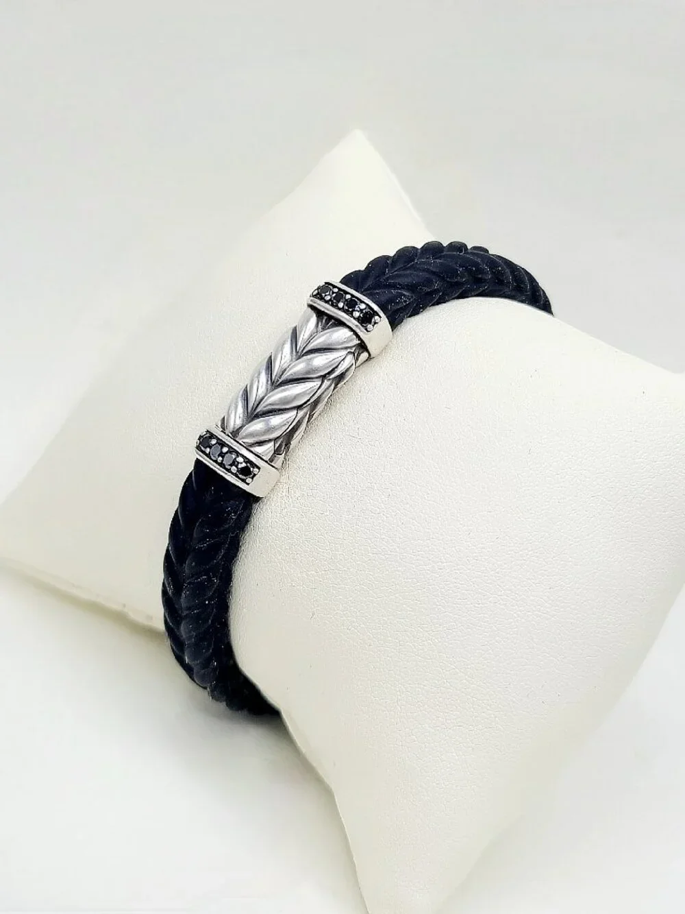 David Yurman Chevron Bracelet in Black Rubber w/ Pavé Black Diamonds, 9mm Sz Sm